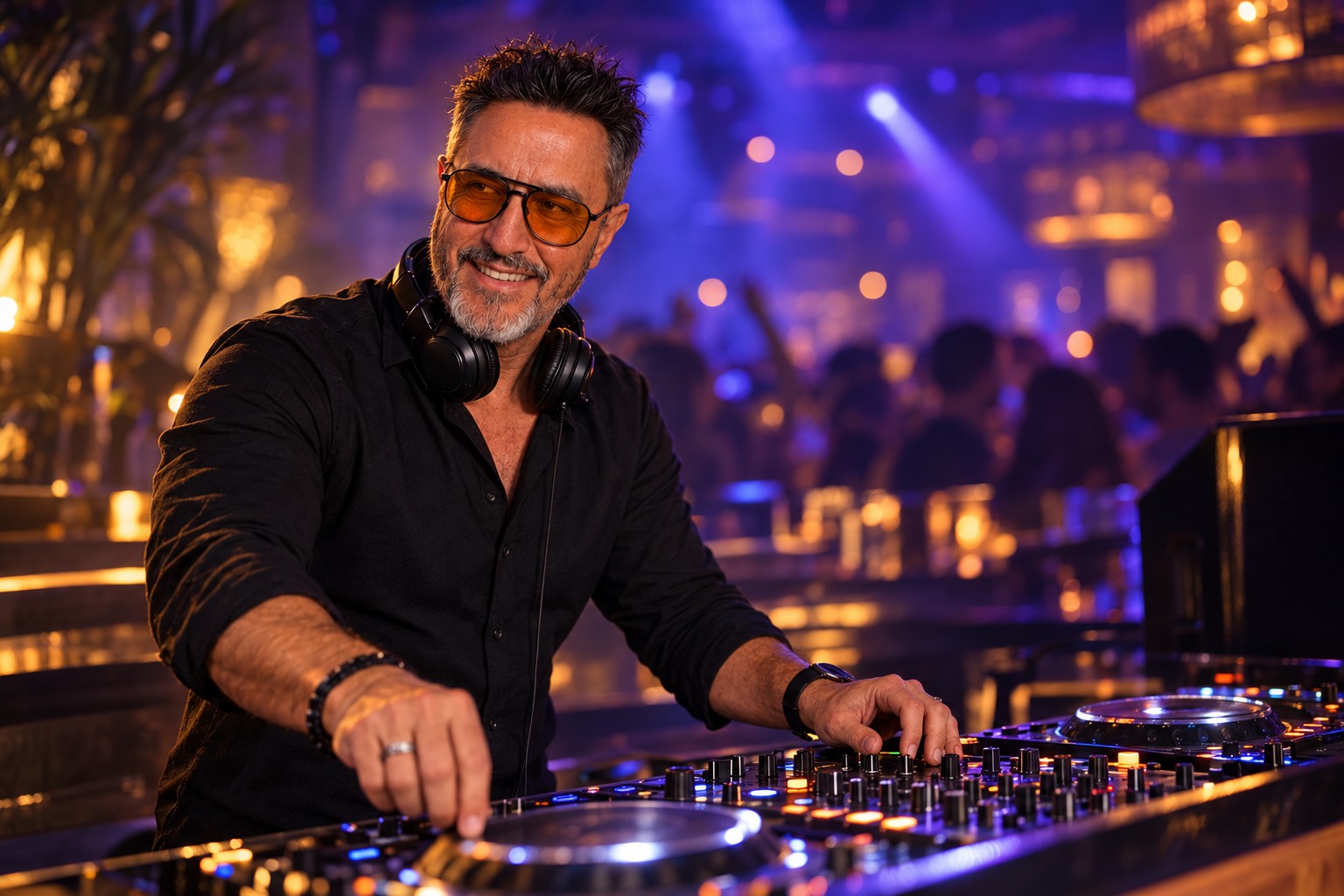 DjtofolMusic mezclando en una cabina con luces de ambiente